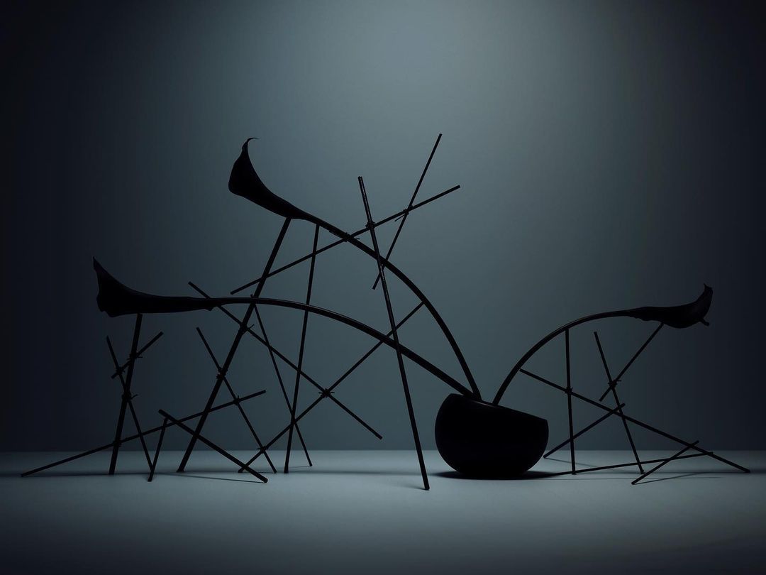 Abstract still life with dark floral sculpture, geometric line patterns and shadows in a moody, desaturated indoor setting.