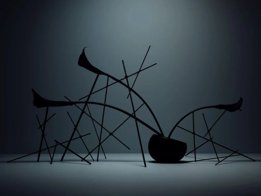 Abstract still life with dark floral sculpture, geometric line patterns and shadows in a moody, desaturated indoor setting.