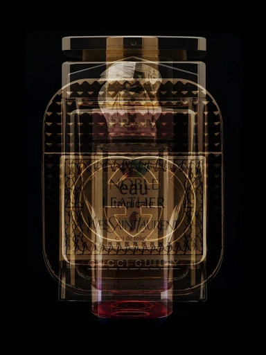 A translucent perfume bottle with layered Gucci Guilty and Yves Saint Laurent logos on a black background in a studio shot.