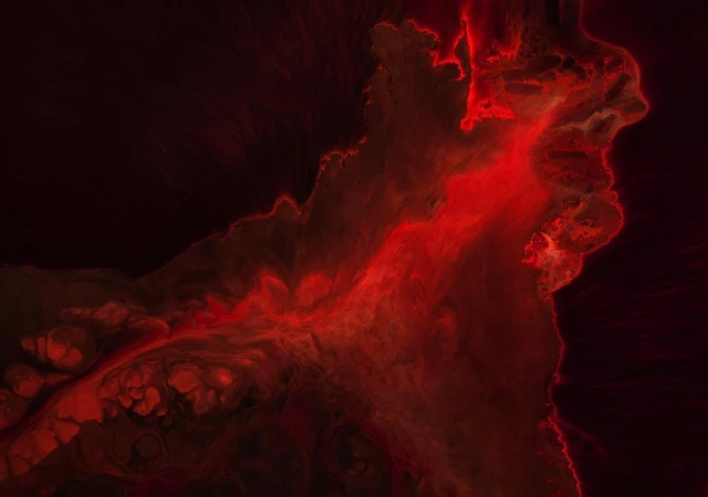 Abstract image featuring dynamic swirling shapes in shades of red against a dark background, resembling smoke or fluid dynamics.