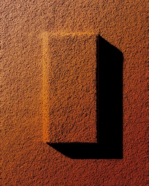 Abstract still life featuring a textured orange-brown surface with a raised rectangular impression, casting a stark black shadow.