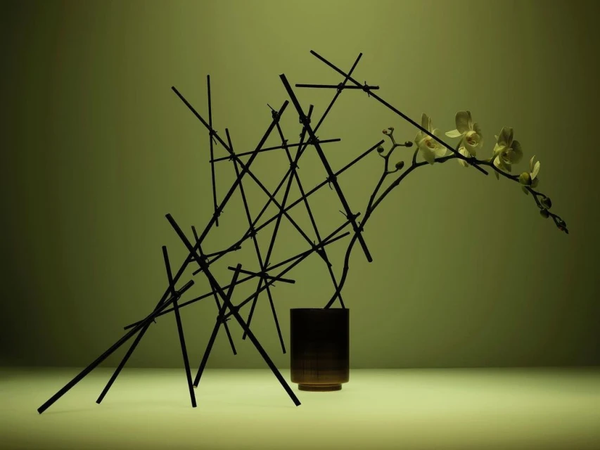 Still life of an off-white orchid branch in a brown vase, with a criss-cross pattern of dark sticks, against a graduated green backdrop.