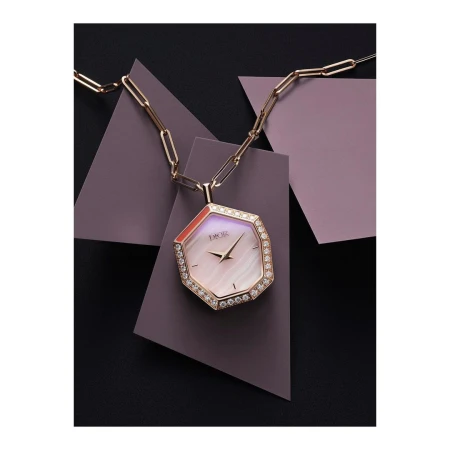 Elegant Dior watch pendant necklace with diamond bezel and chain, displayed against geometric lilac and black panels in a studio shot.