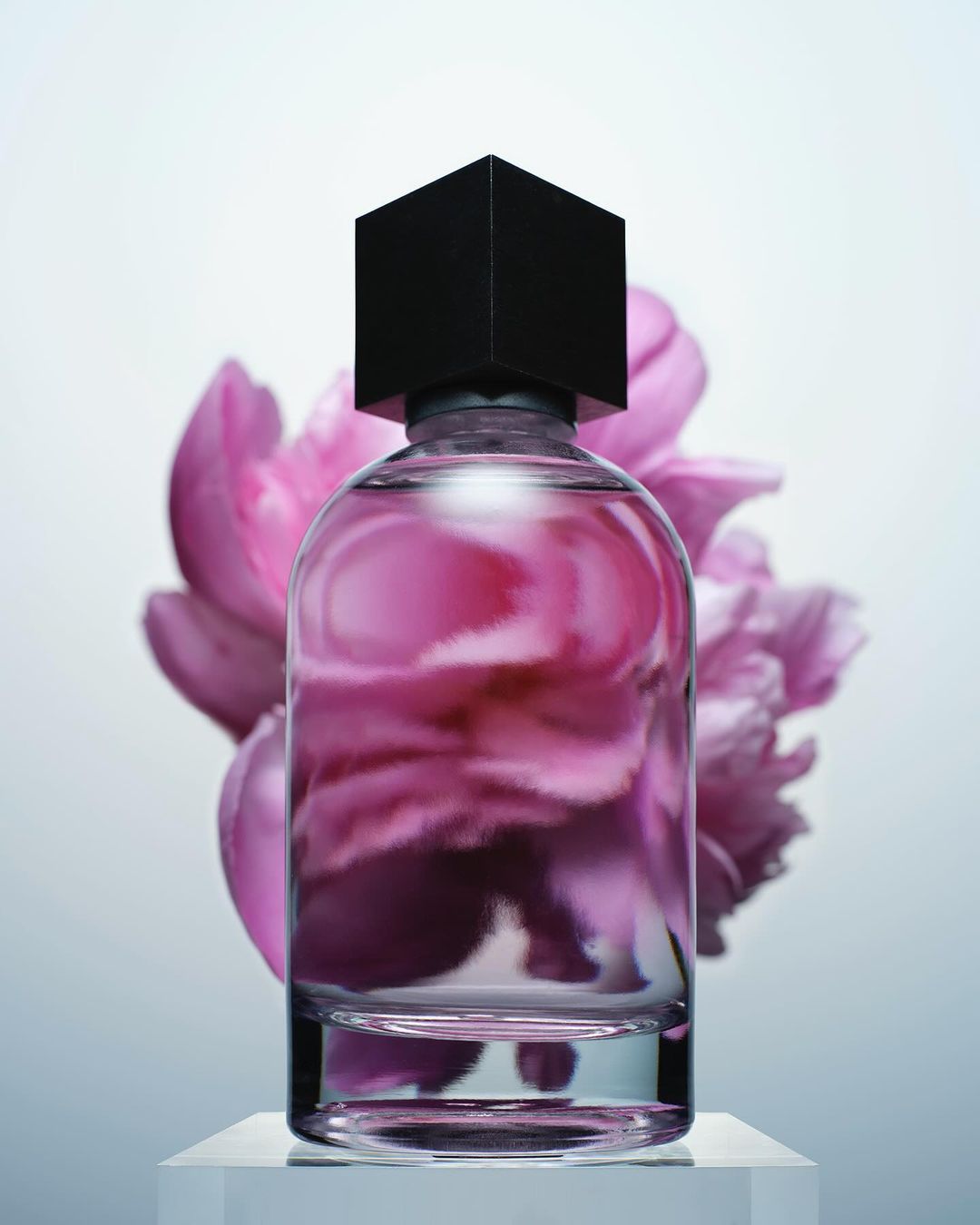 Studio shot of a clear perfume bottle with a black cube cap against a soft pink floral backdrop and white pedestal.