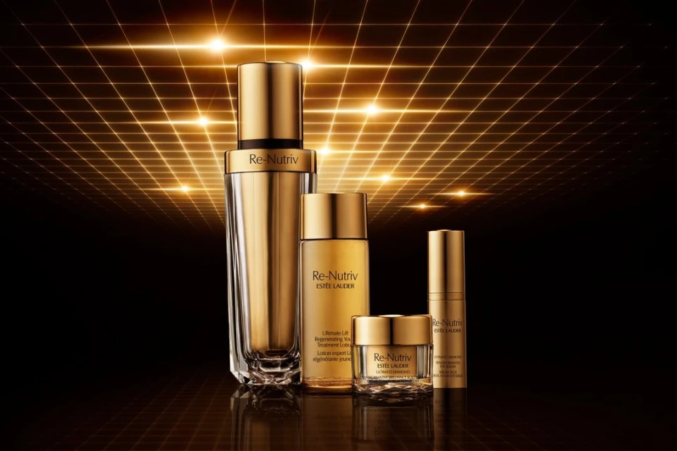 Five gold and clear glass Re-Nutriv Estee Lauder skincare product bottles on a dark surface, with a golden geometric pattern background.