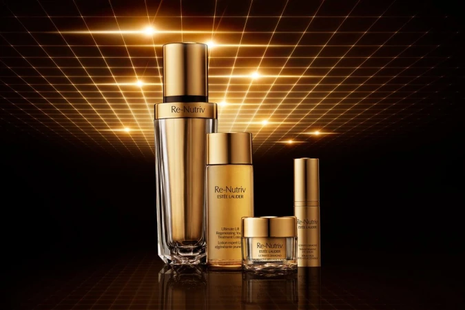 Five gold and clear glass Re-Nutriv Estee Lauder skincare product bottles on a dark surface, with a golden geometric pattern background.