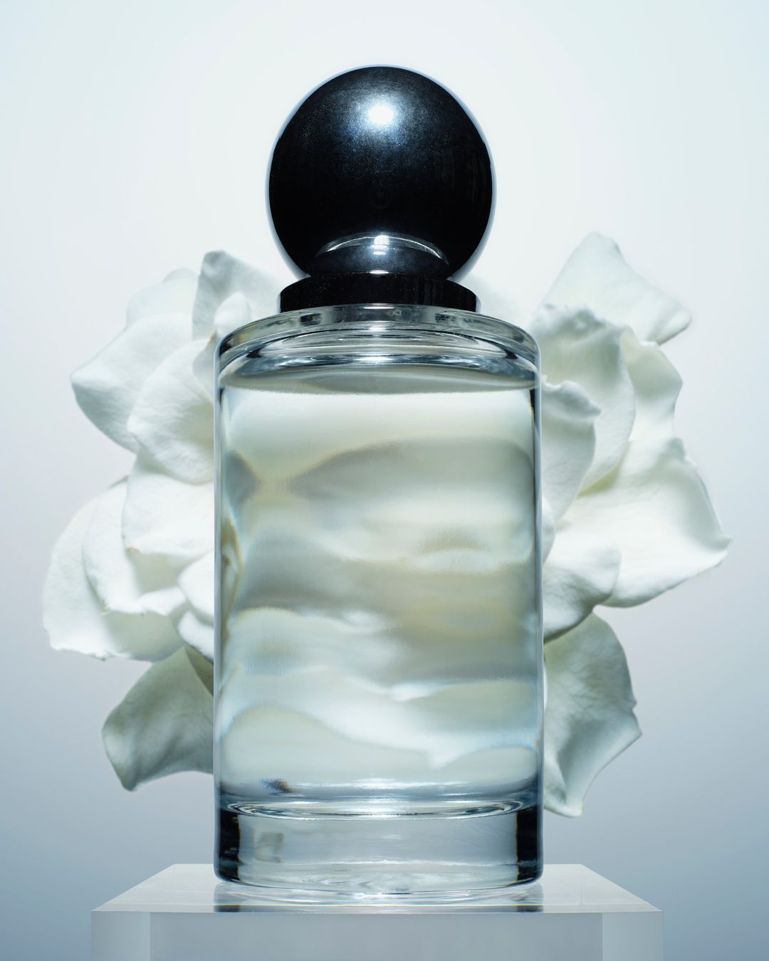 Product shot of a clear glass perfume bottle with a black spherical cap, set on a clear stand with a white flower in the background.