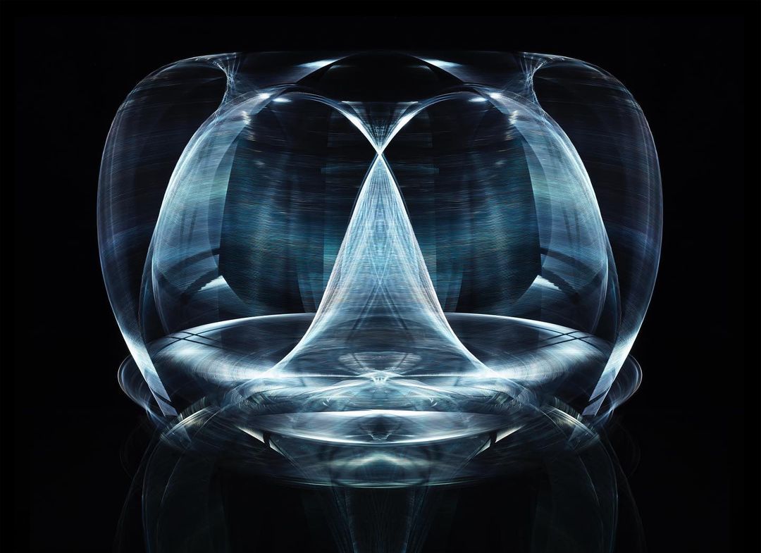 Abstract light painting of an illuminated geometric figure on a black background, creating a futuristic and ethereal design with soft hues.