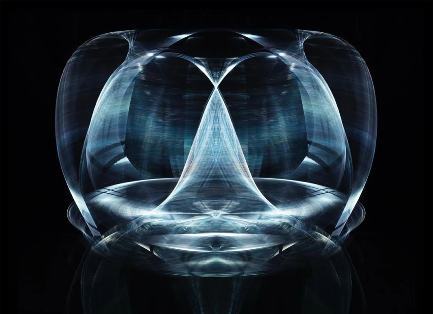 Abstract light painting of an illuminated geometric figure on a black background, creating a futuristic and ethereal design with soft hues.