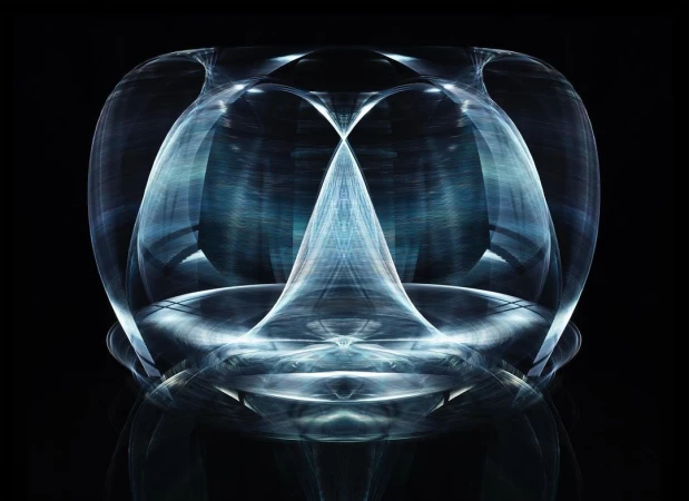 Abstract light painting of an illuminated geometric figure on a black background, creating a futuristic and ethereal design with soft hues.