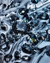 Close-up of sparkling faceted diamonds scattered across a reflective metallic liquid surface with sharp highlights.