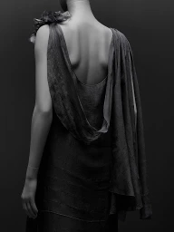 Mannequin viewed from behind wearing a dark sleeveless dress with draped fabric and floral shoulder detail on grey