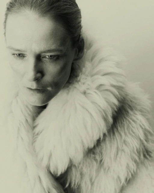 Monochrome portrait of an adult female with neutral expression wearing a fluffy white coat against a neutral background in studio lighting.