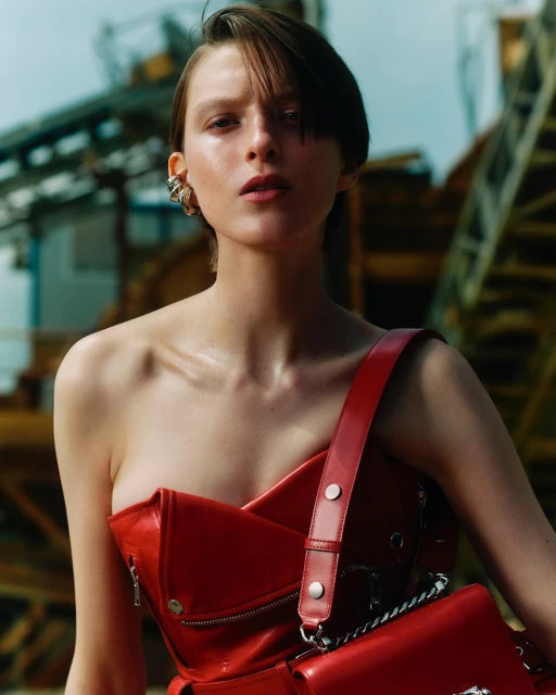 Fashion shot of a woman with short hair wearing a red leather corset top and bag, posing in an industrial outdoor setting.