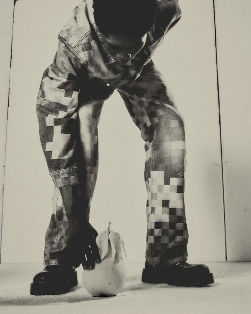 Person in patterned denim poses with a pear in a minimalist photo studio. Black and white fashion portrait.