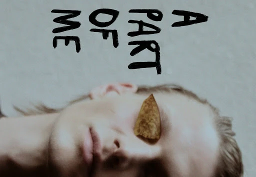 Conceptual portrait of a fair-skinned person with their eyes closed and a leaf covering one eye, set against a light grey background.