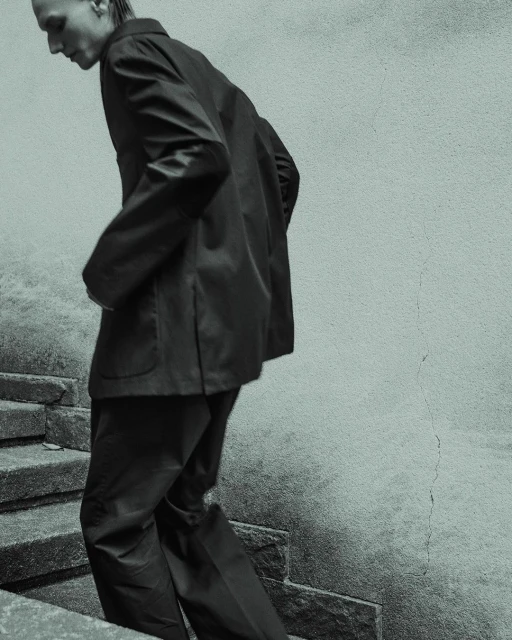 Adult male in a suit walking down stone steps outdoors. The photo features desaturated teal tones and high contrast.
