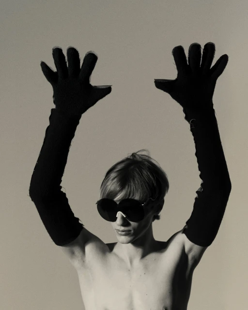 Black and white portrait of a bare-chested person wearing large sunglasses and long gloves, holding their hands up in a photo studio.