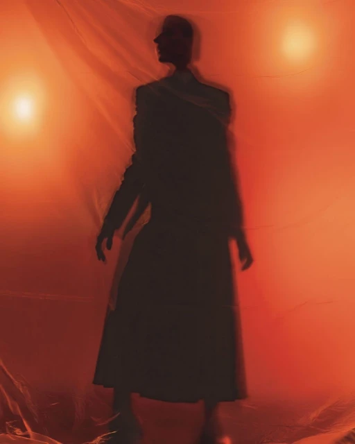 Silhouette of a person in a flowing garment stands against an orange backdrop with soft lighting, creating an ethereal, obscured figure.