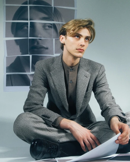 Young man in a grey suit sits cross-legged holding papers, with an abstract photo collage portrait behind him, in a studio.