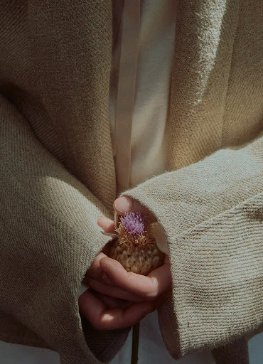Close-up of hands holding a purple thistle flower against a neutral-toned background, offering a gentle and intimate feel.