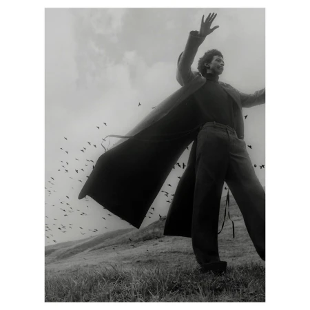 Monochrome portrait of a stylish African American man in a long coat, standing in a field with birds and sky in the background.