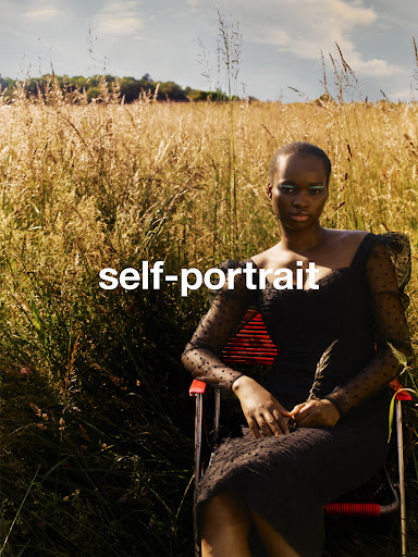 Black woman seated in a red folding chair wearing a dark sheer dress amidst tall meadow grass under an open sky