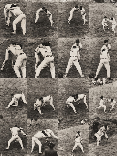 Monochrome grid of men wrestling on grass, capturing various action poses during a wrestling match in an outdoor setting.