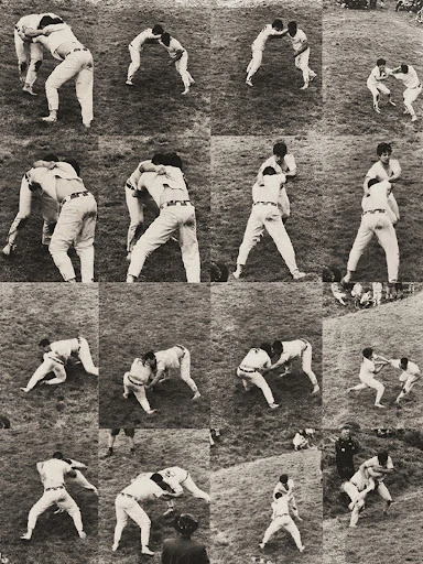 Monochrome grid of men wrestling on grass, capturing various action poses during a wrestling match in an outdoor setting.