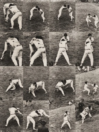 Monochrome grid of men wrestling on grass, capturing various action poses during a wrestling match in an outdoor setting.
