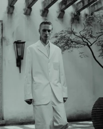 Monochrome portrait of a male model wearing a light-coloured suit standing outdoors against a weathered wall by photographer Nicolas Kern