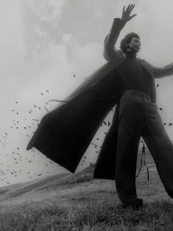 Monochrome portrait of a man in a long coat standing on a grassy hill with a flock of birds flying around him.