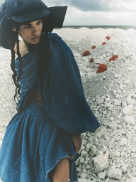 Model in blue draped outfit and oversized cap posing outdoors against white sandy dunes with scattered red rocks