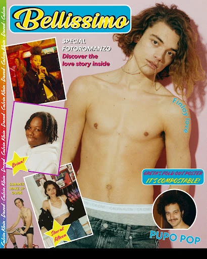 Magazine cover featuring a shirtless male model wearing jeans, against a pink background with other smaller images and text.
