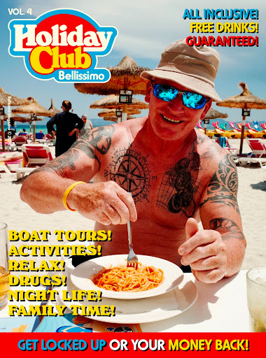 Man wearing a bucket hat and sunglasses eating pasta at a beachside table, photographed by Paolo Zerbini.
