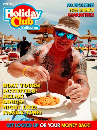 Man wearing a bucket hat and sunglasses eating pasta at a beachside table, photographed by Paolo Zerbini.
