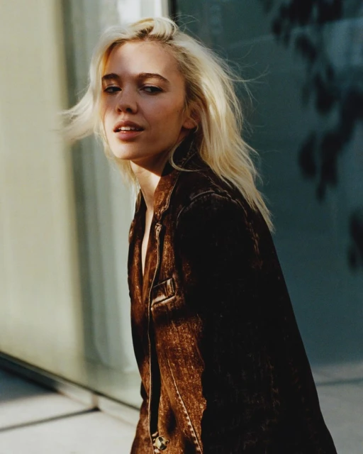 Portrait of a blonde woman in a brown corduroy jacket with windblown hair, posing outdoors near a reflective glass structure.