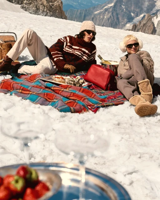 Two people enjoy a picnic on snow-covered mountains, featuring winter clothing, food, drinks, and scenic mountain views on a sunny day.