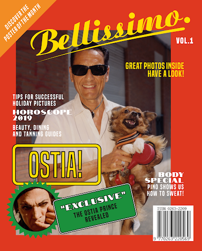 Magazine cover featuring a man holding a dog, styled with retro fonts and orange background, promoting travel and beauty content.