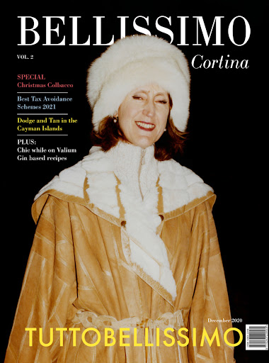 Magazine cover featuring a smiling woman in a fur hat and tan coat, with the magazine title 'BELLISSIMO' in large, bold letters.