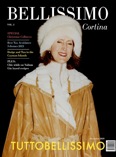 Magazine cover featuring a smiling woman in a fur hat and tan coat, with the magazine title 'BELLISSIMO' in large, bold letters.