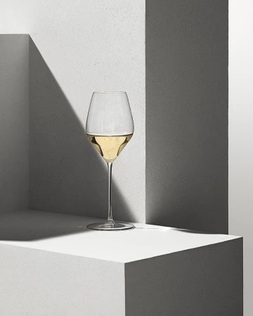 Elegant champagne flute filled with sparkling wine on a geometric concrete pedestal with sharp shadows and neutral tones, still life.