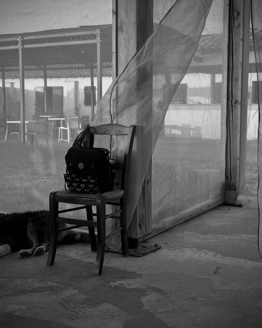 Black and white photograph of a dark wooden chair with a backpack resting on it under a shelter with a billowing sheer curtain.