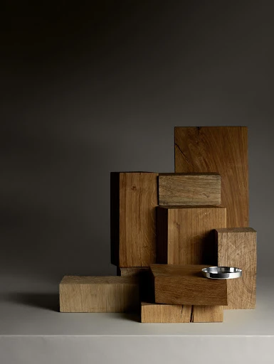 Elevated pet food presentation: Small silver bowl sits atop wooden blocks, creating a modern and minimal feeding station on a neutral surface.