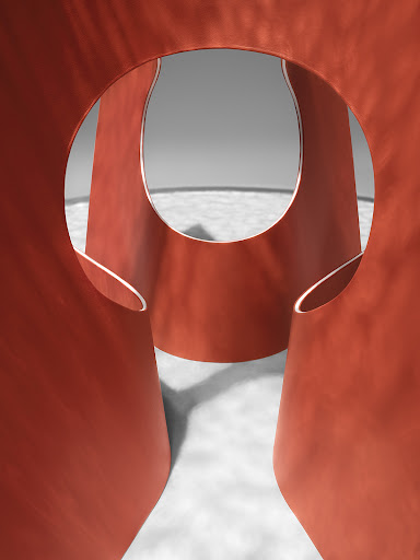 Abstract shot of a geometric, rounded, coral-colored sculpture featuring prominent negative space and circular openings against a grey background.