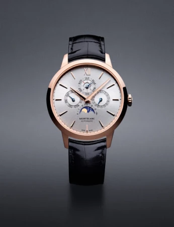 Elegant gold-tone Montblanc wristwatch with black leather band displayed on a gray background. The watch face features subdials and moon phase.