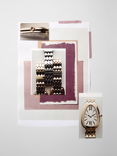 Still life of gold bracelets and a watch on layered paper, creating an elegant and textured composition with neutral and pastel tones.