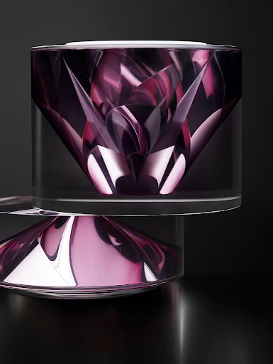 Cylindrical container with purple liquid and geometric designs on a reflective surface against a dark, blurred background. 