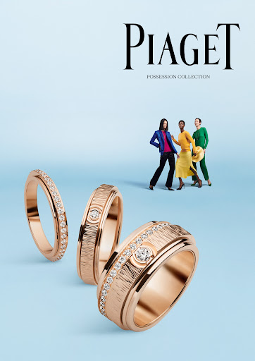 Piaget rings ad featuring three diverse women in colorful outfits standing in the background, rings in the foreground.