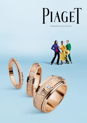 Piaget rings ad featuring three diverse women in colorful outfits standing in the background, rings in the foreground.